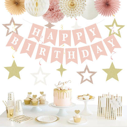 Pink Rose-Gold Champagne-Beige Birthday Party-Decorations - 19pcs Boho Rustic Streamers Banner,Paper Star Garland Lanterns Honeycomb Fan,Tissue Pom Poms,Wall Ceiling Backdrop Supplies Ouruola