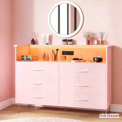 GarveeHome Modern 6-Drawer Dresser with Power Outlet & LED Light | Wooden Chest with 2-Tier Open Shelves & Wide Drawers for Bedroom, Living Room, Entryway, or As a TV Stand
