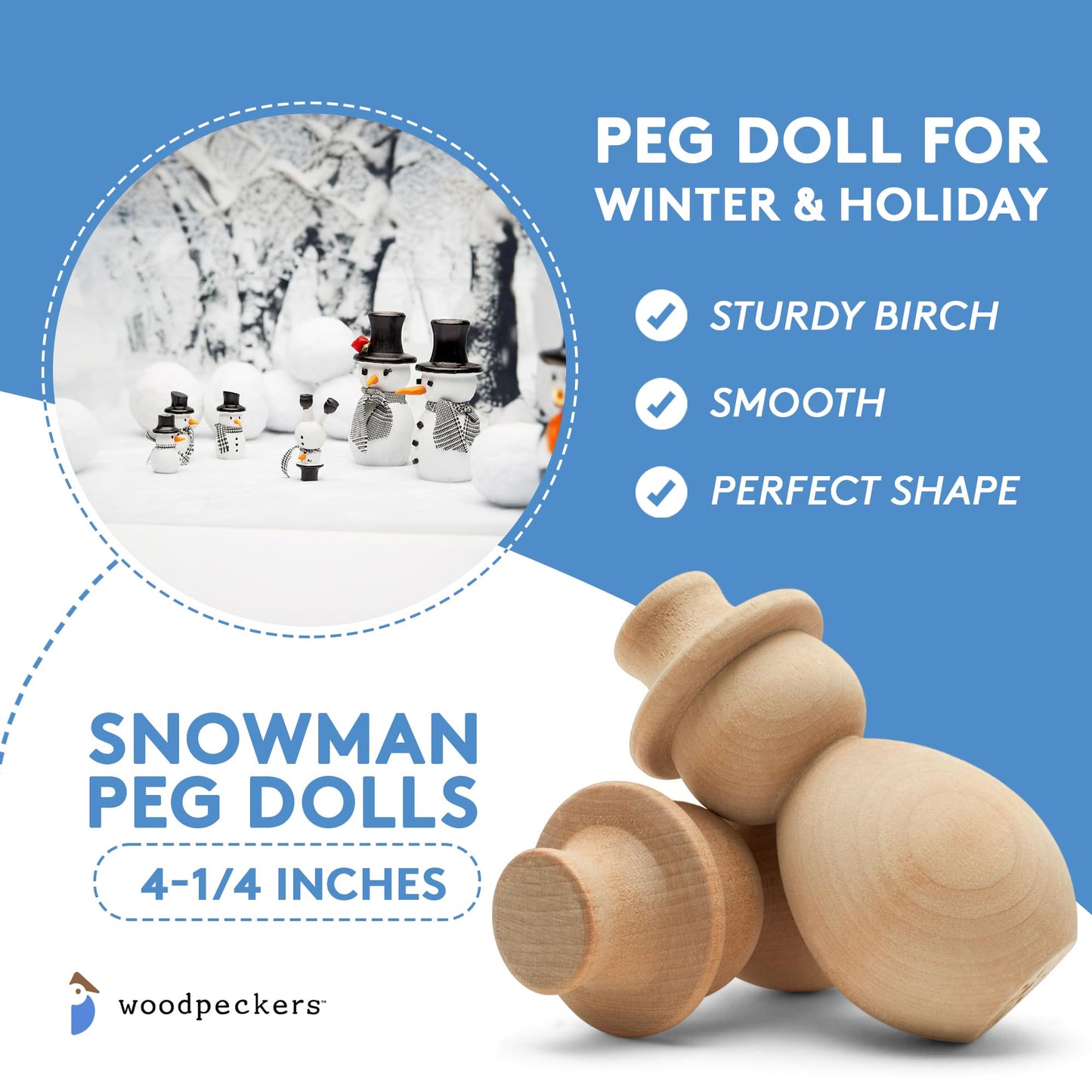Unfinished Wood Snowman Shelf Sitter, 4-1/4 inch Pack of 5, Snowman Figurine for Holiday Décor, Large Snowman Pegdoll, by Woodpeckers