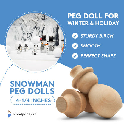 Unfinished Wood Snowman Shelf Sitter, 4-1/4 inch Pack of 5, Snowman Figurine for Holiday Décor, Large Snowman Pegdoll, by Woodpeckers