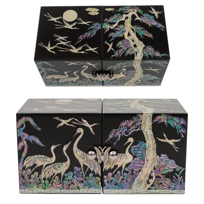 February Mountain Mother of Pearl Sea Shell Inlaid Wooden Cube Jewelry Organizer Box - Perfect for, Bracelets, Trinkets, Watches, Earrings, Chains & Accessories
