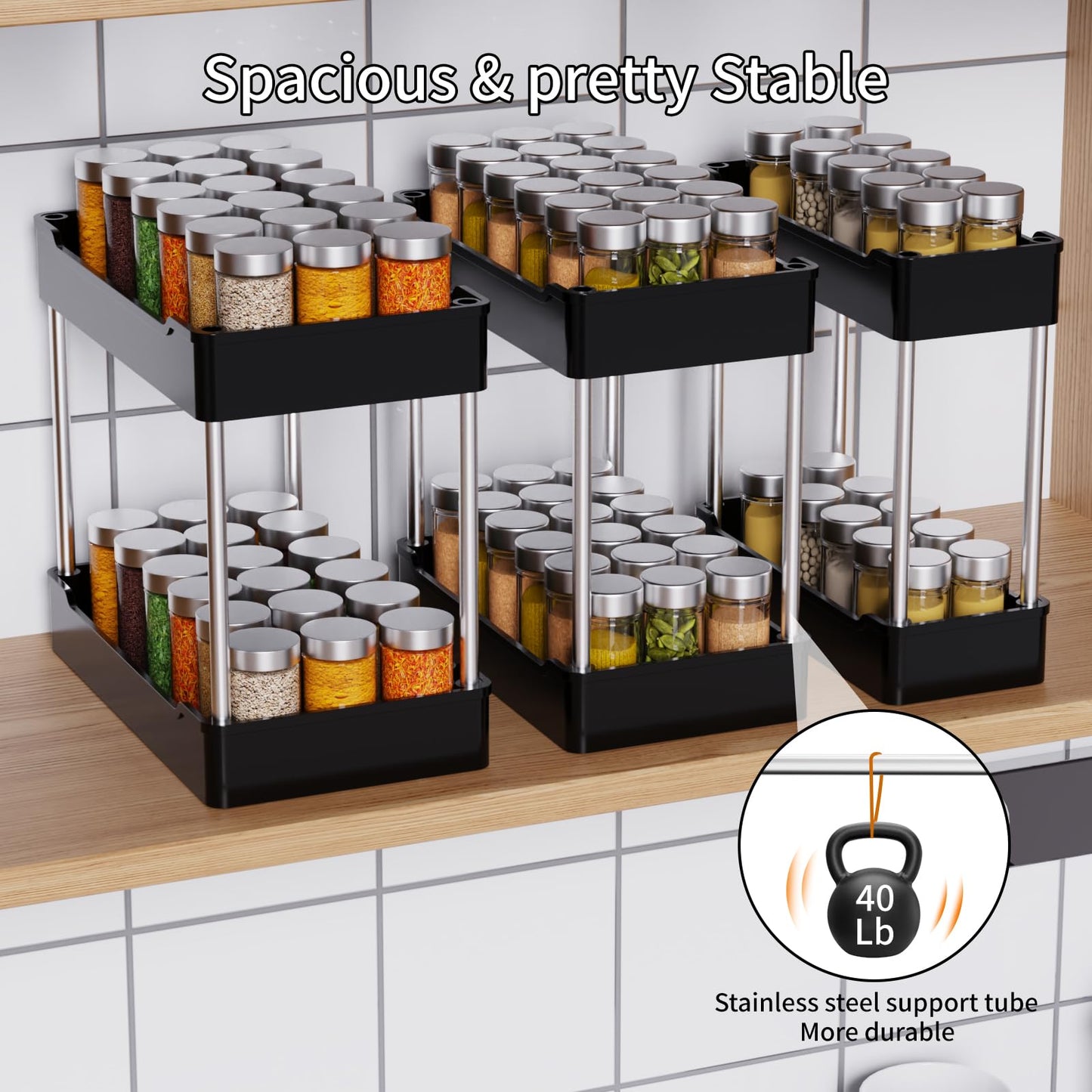 3 Pack Under Sink Organizers and Storage, 2 Tier Bathroom Cabinet Organizer Shelf with Hanging Cups for Kitchen & Bathroom (White)