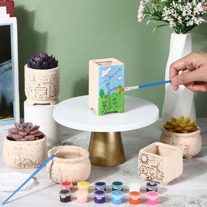 Hushee 12 Pcs Ceramic Succulent Planters White Ceramic Pots Paintable Succulent Plant Planters Containers Small DIY Figurines Unpainted Pots with Drainage Hole Paintbrushes Palettes(Windmill)