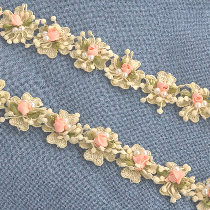 Kuasting 2 Yard Vintage Pearl Flower Ribbon Scallop Edge Trim Lace Fabric Sewing Lace Trim Handmade DIY Sewing Supplies for Dress Embellishment (Small Pearl lace)