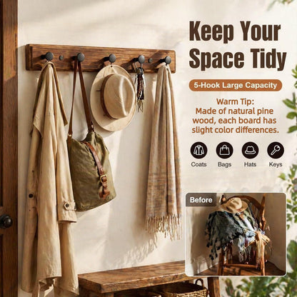 POZEAN Wooden Coat Rack Wall Mount, 2 Pack Wall Mounted Coat Hangers with 5 Smooth Round Hooks, Space Saving Organizer for Entryway,Bathroom, Clothes, Jackets, Hats, Keys(‎Brown Plate & Black Hooks)