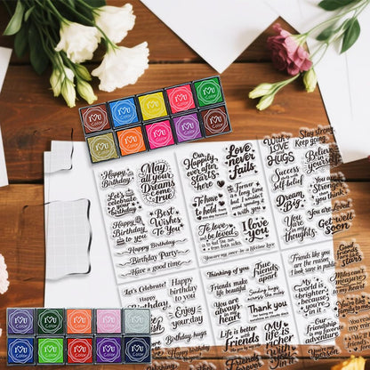 GLASSWINDS 6 Pcs Greeting Words Clear Stamps for Card Making Supplies 20 Ink Pad 3 Acrylic Stamp Block Silicone Stamp with Holiday Bless Happy Birthday Stamps for Crafting DIY Scrapbooking Journal