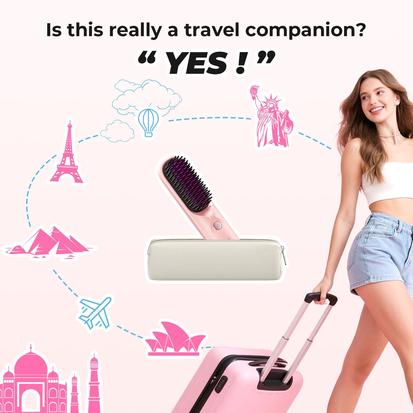 Cordless Hair Straightener Brush - Portable Hair Brush for Travel - 30s Fast Heating - 300 Million Negative Ions for Frizz-Free Shine,Touch Up On-The-Go,Gift for Women,10000mAh
