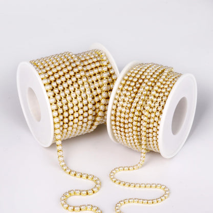 Pearl Trim Close Chain, [10 Yards/ 3.0MM] Gold Pearl Beaded Cup Chain Applique Trim for Sewing Crafts DIY Jewelry Making Clothing Wedding Party Decoration