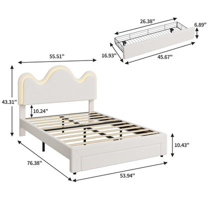 GarveeHome Full Bed Frame with Adjustable Headboard and Storage Drawer, Boucle Upholstered Platform Bed with LED Light for Kids, Lamb Fleece Fabric, Wooden Slats Support, No Box Spring Needed, White