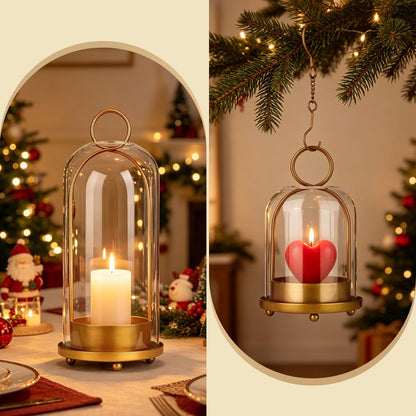 GLUUFLOWER 5"&4" Hurricane Glass Candle Holder Set - Hanging Pillar Candle Lantern with Glass Chimney, Metal Frame for Wedding Centerpieces Dining Table Mantel Holiday Home Decor