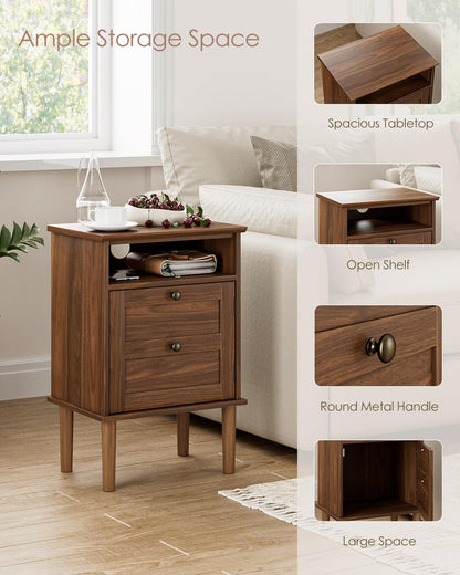 Apetaccat Nightstand, Boho Night Stand with 1 Drawer, Modern Side Accent Table with Open Shelf, Wooden Top Bedside End Table for Bedroom, Living Room, Walnut