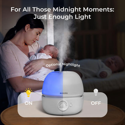 BOXING 3L Top Fill Humidifiers for Bedroom Baby, 20dB Quiet Air Humidifier for Large Room & Indoor Plants with Optional Night Light, Cool Mist Diffuser for Home, Essential Oil Tray, BPA-Free,White,30H