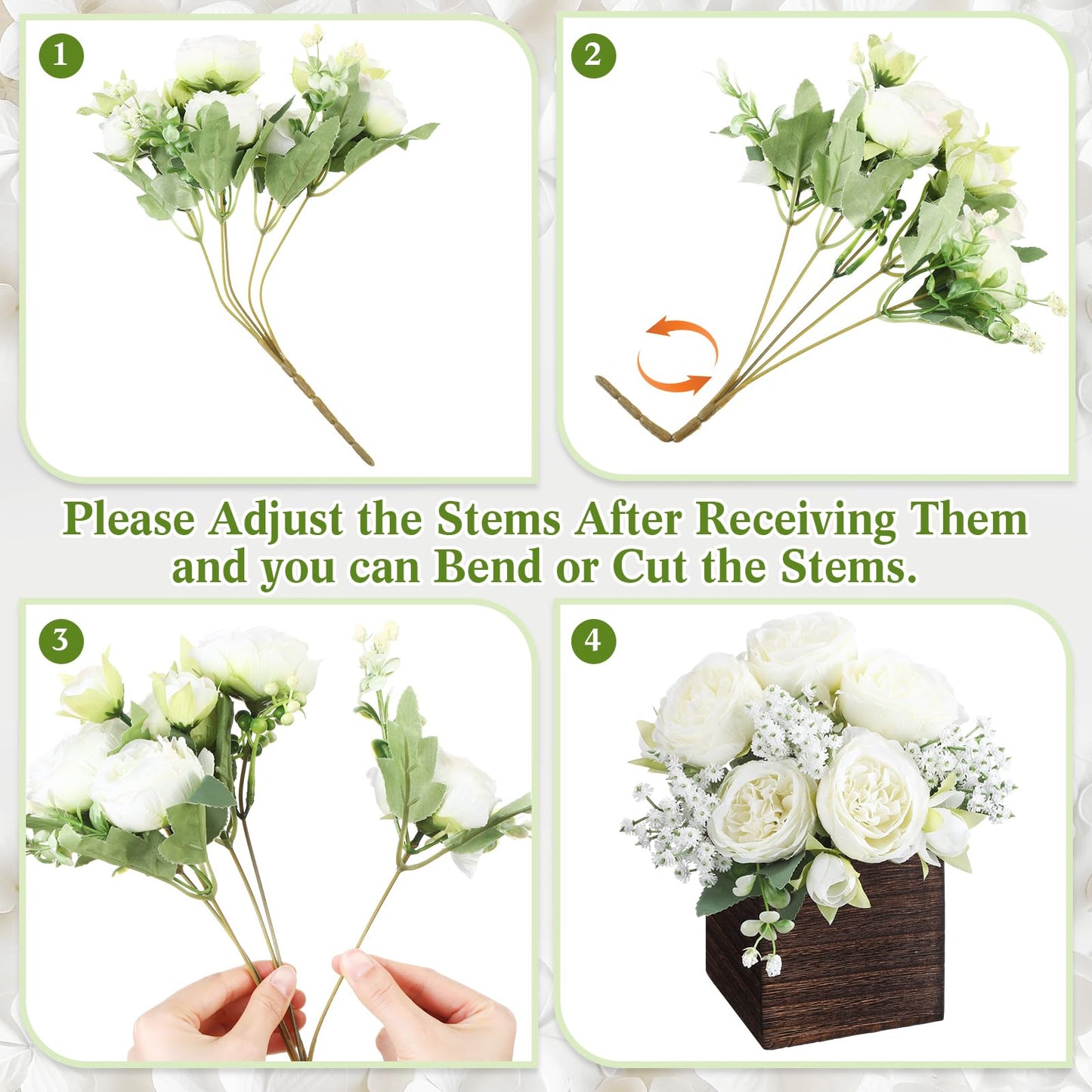Suncalla 6 Sets Artificial Peonies Flowers Table Centerpieces with Wooden Cube Planter Box Wedding Floral Arrangement 4 x 4 Square Wood Vase for Bridal Party Home Table Decor(White)