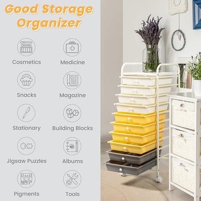 COSTWAY 10-Drawer Rolling Storage Cart, Utility Mobile Trolley with Removable Drawers & Universal Casters & 2 Brakes, Versatile Flexible Drawer Organizer Cart for Home, Office (Yellow)