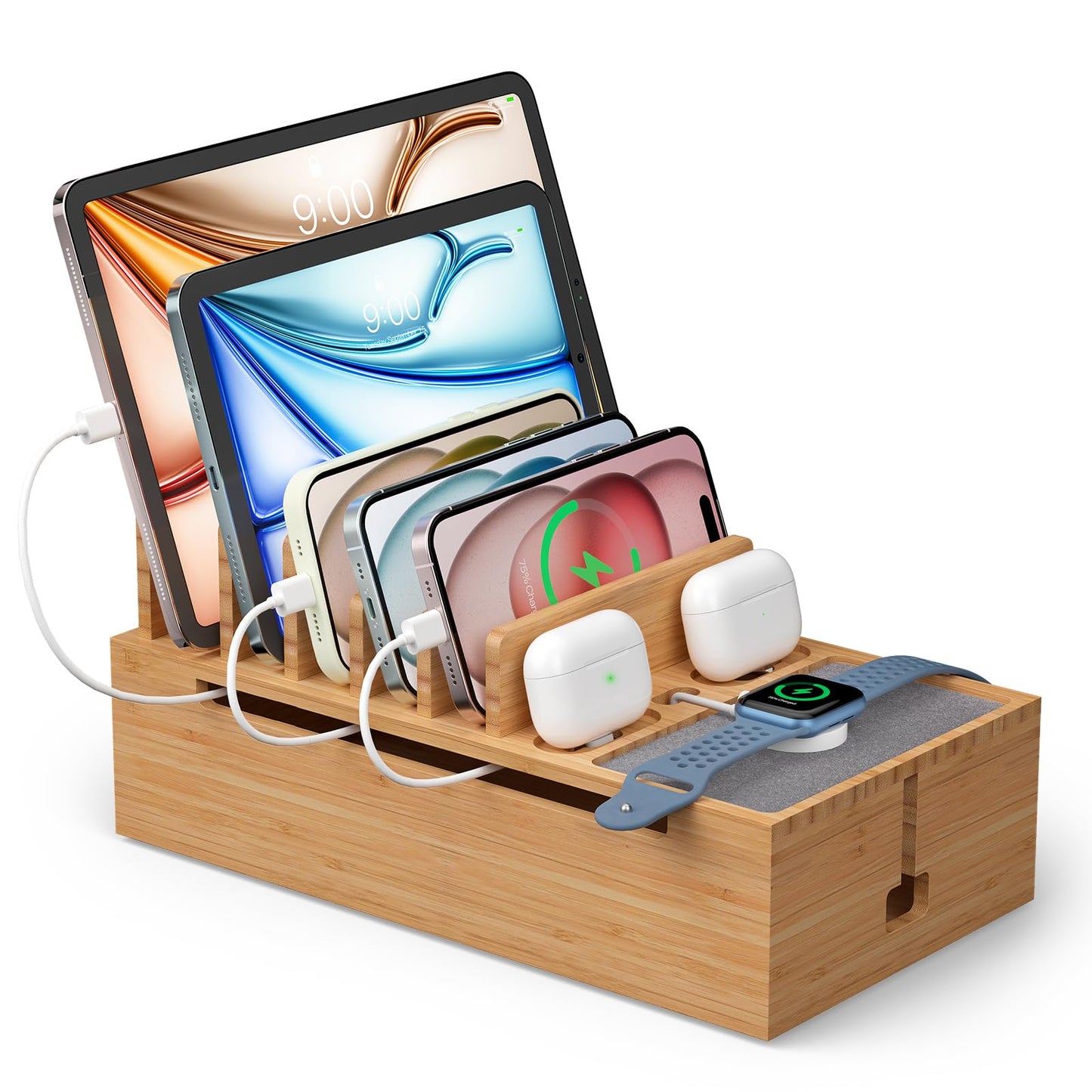 Pezin & Hulin Bamboo Charging Stand Rack, Wooden Charge Box for Mobile Phones, Tablets, Smart Watch and Earbuds, Wire Cable Organizer Box, Bedside Dock Stand Holder (NO Power Adapter Supply) -Natural