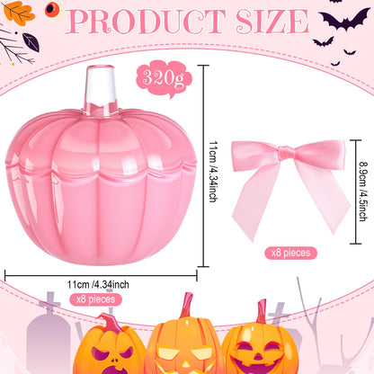 Mimorou 8 Set 4 Set Thanksgiving Candy Bowl with Lids Pink Glass Pumpkin Candy Jar with Bow for Thanksgiving Day Table Centerpiece Decoration