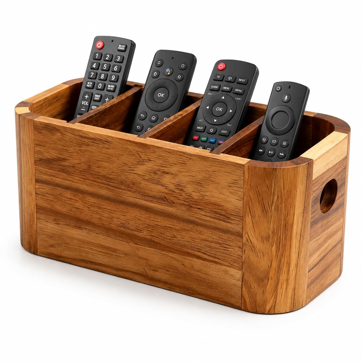 LEEBICHEN Acacia Wood Remote Control Holder, TV Remote Holder - 4 Compartment Remote Control Storage Organizer, Small Wooden Desktop Caddy for Coffee Table, Nightstand, Living Room, Office, Vanity