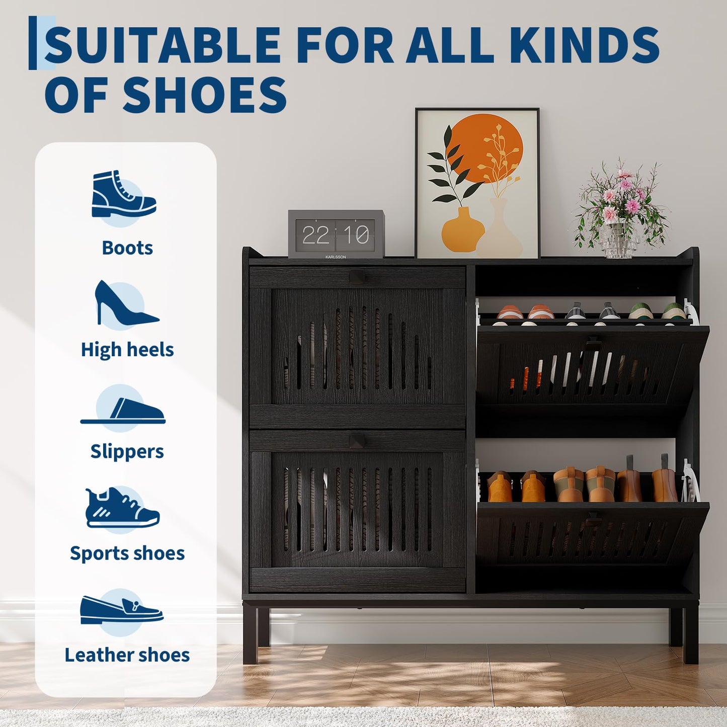 4-Door Flip Front Shoe Cabinet with Adjustable Shelves – Hidden Entryway Storage Organizer for Hallway, Foyer, Living Room – Freestanding Wooden Shoe Rack with Large Capacity & Modern Design, White