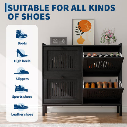 4-Door Flip Front Shoe Cabinet with Adjustable Shelves – Hidden Entryway Storage Organizer for Hallway, Foyer, Living Room – Freestanding Wooden Shoe Rack with Large Capacity & Modern Design, Black