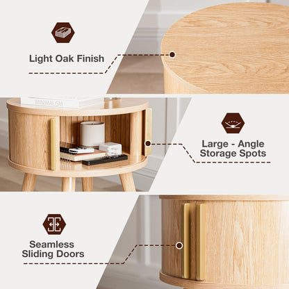 ZttRiee Side Table with Sliding Door & Cabinet, End Table for Living Room, Night Stand for Bedroom, Modern Bedside Table with Solid Wood Legs, Natural