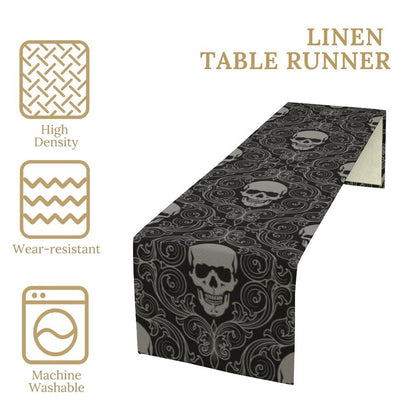 Gothic Skull Table Runner Black Abstract Halloween Damask Geometric Striped Skeleton Table Decor Table Top Kitchen Dining Wedding Party 13x60 in