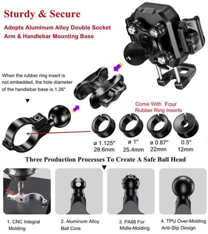 BRCOVAN Anti-Theft Motorcycle Phone Mount with Vibration Dampener, [1s Lock] [Camera Friendly] Handlebar Cellphone Holder for Bike Bicycle Scooter ATV, Adjustable Size Fit 5.4-7.2" Smartphone