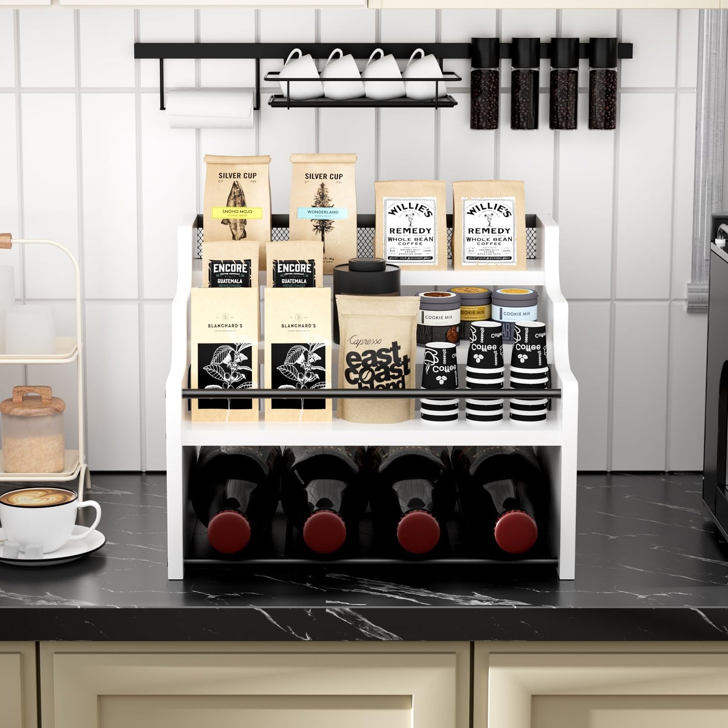 FZGhome 4-Tier Wood Display Shelf Wine Rack for 16 Bottles Wood Coffee Syrup Organizer with Handles Home Whiskey Shelf Retro Mini Liquor Cabinet Spice Rack Coffee Bar Shelves, White