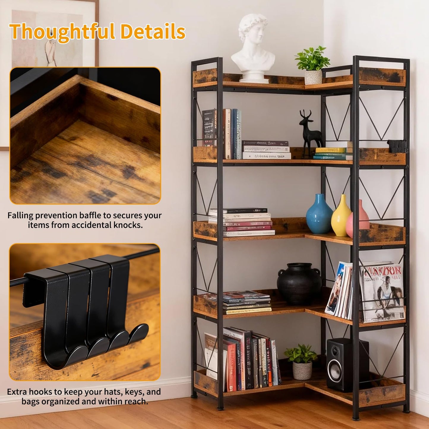 DUMOS 65 inch L Shaped Bookshelf, 5 Tier Corner Bookcase with Hooks and Edge, Industrial Pantry Shelves with Metal Frame, Wooden Open Storage for Living Room, Home Office, Bedroom, Rustic Brown