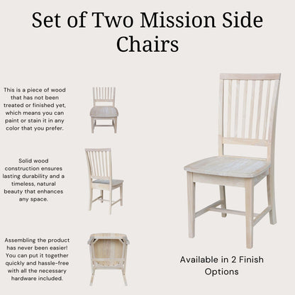 International Concepts Mission Side Chairs, Armless, Solid Parawood, Unfinished (Set of 2)