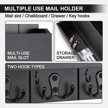 Lucundm Mail and Key Holder Wall Mount with Storage Drawer – Modern Wooden Mail Organizer for Wall Entryway, 7 Key Hooks & Chalkboard Panel – Stylish Home Decor for Apartments, Living Room, Office