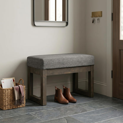 SIMPLIHOME Milltown Small Ottoman Bench - 27" Wide x 18" High Upholstered Linen Look Fabric Rectangle Footstool Ottoman in Grey, Contemporary Bench for Entryway with Cushioned Seat, Assembled