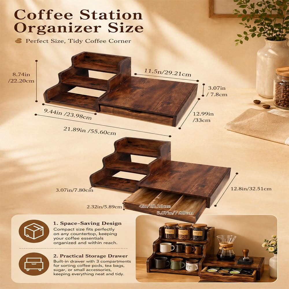 Wooden K Cup Coffee Station Organizer, 3-Tier Rack with Coffee Pods and Tea Organizer Holder,K Pod Drawer Coffee Maker Stand,Coffee Bar organizer Countertop for Accessories