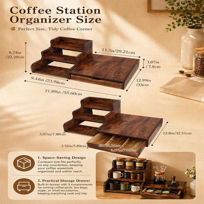 Wooden K Cup Coffee Station Organizer, 3-Tier Rack with Coffee Pods and Tea Organizer Holder,K Pod Drawer Coffee Maker Stand,Coffee Bar organizer Countertop for Accessories