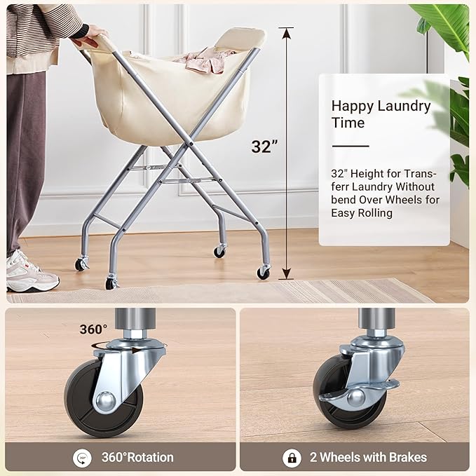 ELYKEN Laundry Cart with Wheels, 32”H Easy Rolling Laundry Hamper with