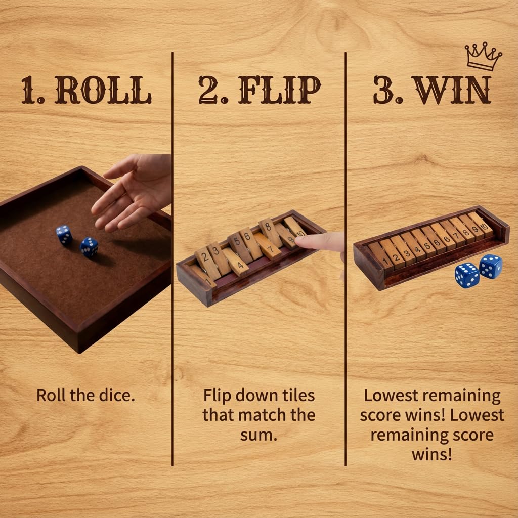 MoodLife Shut The Box Dice Game, Wooden 4 Player Board Game with Dice, Classic Family Tabletop Number Game for Kids Adults, Travel Pub Bar Party Game, Math Learning Gift