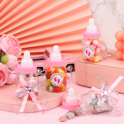 62 Pcs 3.5 Inch Baby Mini Milk Bottle Baby Shower Favor with 500 Adhesive Thank You for Showering Stickers, Small Plastic Bear Candy Bottle for Boy Girl Newborn Baptism Party Decor (Pink)
