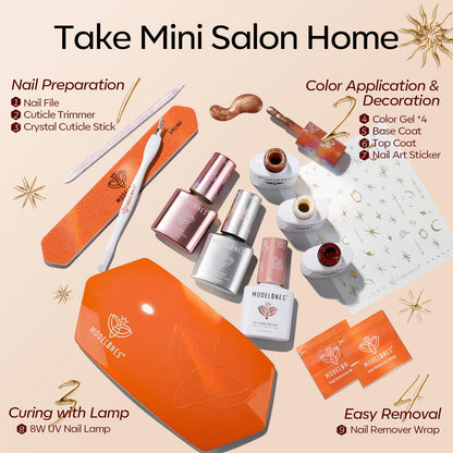 Modelones Gel Nail Polish Kit with UV Light, Milky White Nude Glitter Pink Red Gold Fall Metallic Manicure Set with Base Top Coat Star Stickers 4 Colors Gel Mini Salon Nail Art Gift for Women Girl