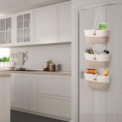 Over the Door Basket Cotton Rope Organizer, 3-Tier Wall Hanging Storage Basket