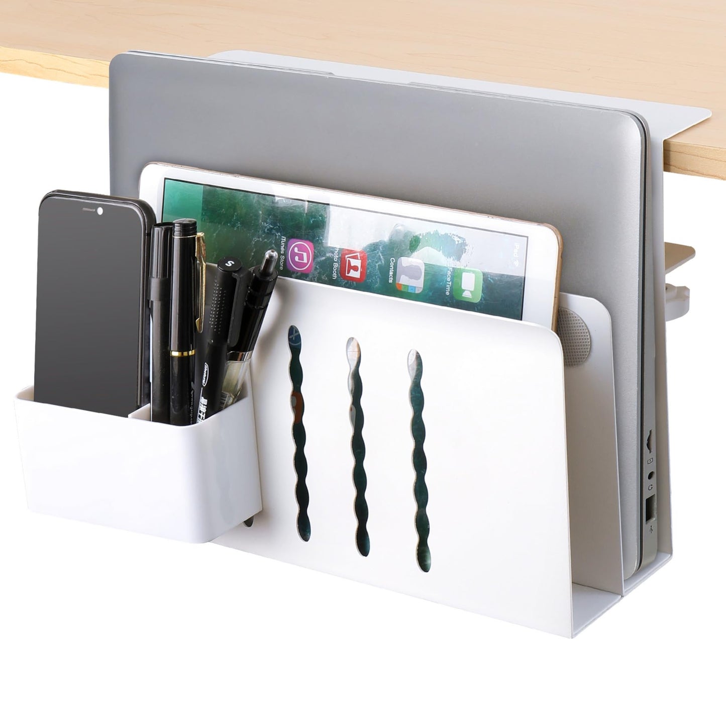 Desk Side Storage Under Desk Laptop Holder, No Drill Hanging Desk Organizer with Pen Holder, Clamp-On Table Side Tray Desktop Organization Mount for Office and Home (White)