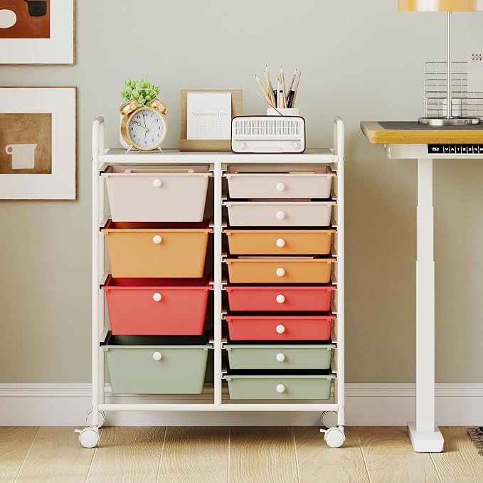 LDAILY 12 Drawer Rolling Storage Cart, Rolling Cart with Drawers for Classroom, Art Supply Craft Organizer on Wheel with Metal Frame & Handles for Home Office School (Macaron, 12 Drawer Left-Right)