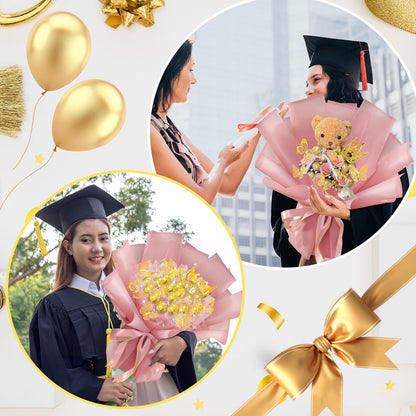 Funnymoom 109 Graduation DIY Chocolate Flower Bouquet Kit 2026 Candy Rose Clear Acrylic Lollipop Ball Holder Floral Wrapping Paper 3D Gold Butterfly Crown Ribbon Grad Gift(Pink)