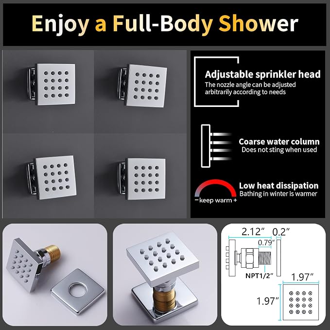 AYIVG Chrome 16 x 26 Inch Ceiling Mount Thermostatic Rainfall Shower System 64 Color LED Control Rainfall Shower Head Handheld With Body Jet Shower Faucet Set Temperature Display Shower System