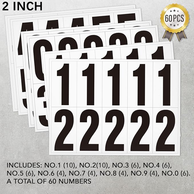 2 inch Self Adhesive Numbers for Mailbox, House Numbers, Reflective Mailbox Number, Trash Cans Number, for Outside, 60 PCS (Black/White)