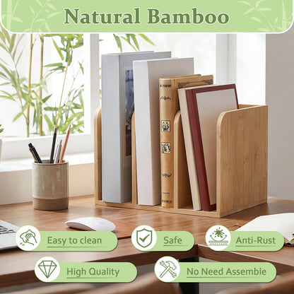 Novabright Bamboo Wooden File Magazine Holder Desk Organizer, 3 Vertical Compartments Workspace Sorters for Magazines, Binders, Notebooks, Envelopes