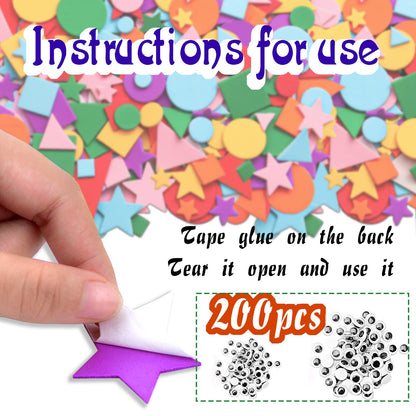 Gushu 1500Pcs Foam Stickers Foam Shapes Stickers for Kids,10 Colors Self Adhesive Craft Supplies Geometric Stickers with Googly Eyes for Preschool Craft DIY Program (Circle, Square, Triangle, Star)