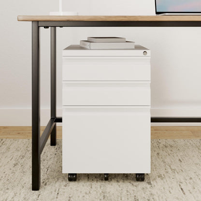 Mount-It! 3 Drawer File Cabinet with Lock and Wheels, Under Desk Storage Filing Pedestal for Home Office, No Assembly Small Rolling File Cabinet for Legal, Letter, and A4 Files in White