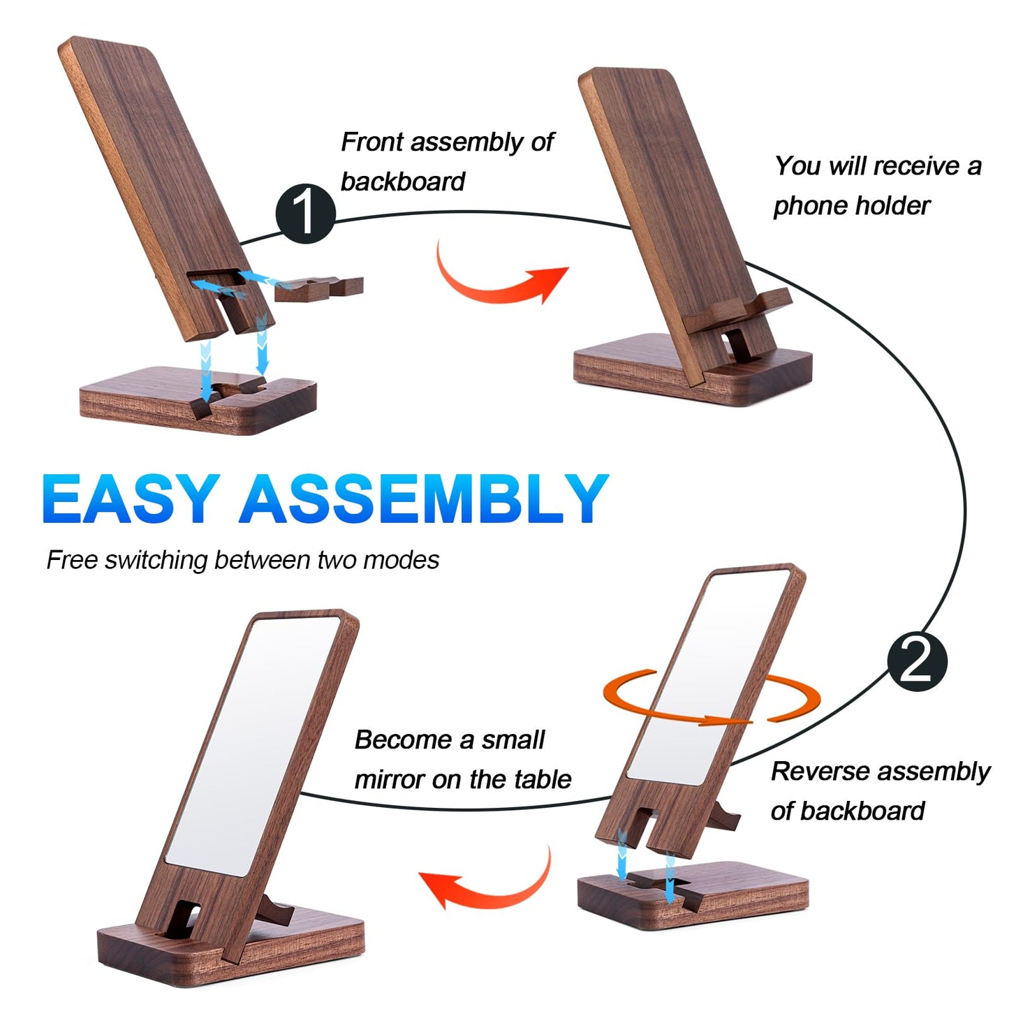 LIKSANGMETALS Wooden Countertop Cell Phone Holder with Mirror, Walnut