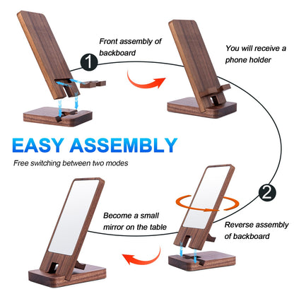 LIKSANGMETALS Wooden Countertop Cell Phone Holder with Mirror, Walnut