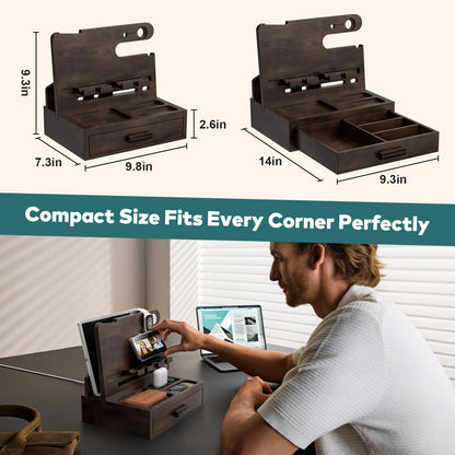 Sephyroth Rustic Wooden Phone Stand Organizer with Drawer Storage, Brown