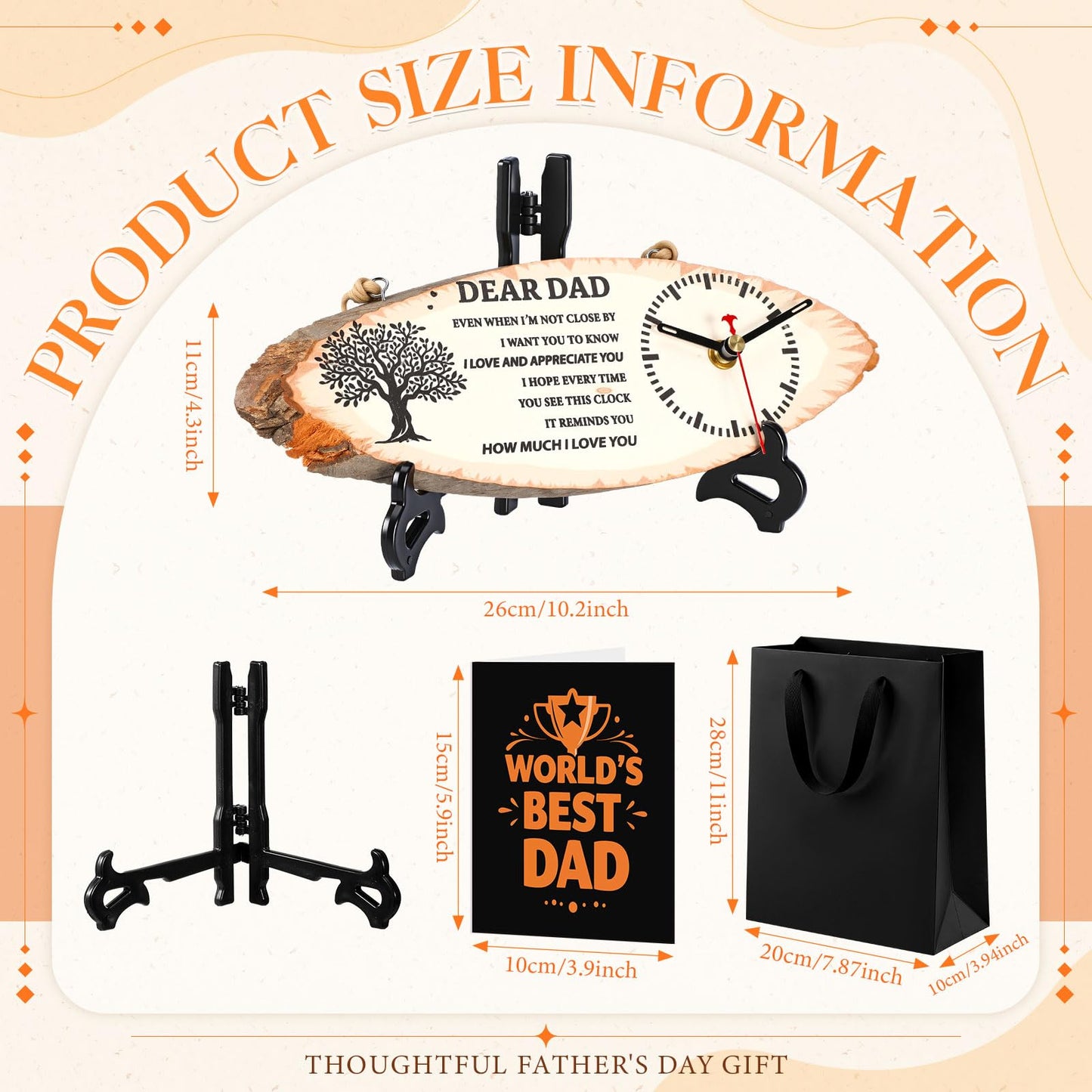 Kenning 3 Pcs Dad Gifts for Fathers Day from Daughter Son, Daddy Birthday Gifts Includes Wooden Clock, World's Best Dad Card and Black Gift Bag for Daddy Papa Fathers Day Present